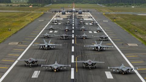 American aircraft  participate in an “elephant walk” at Misawa Air Base, June 22, 2020. (US Air Force photo by Staff Sgt. Melanie A. Bulow-Gonterman)