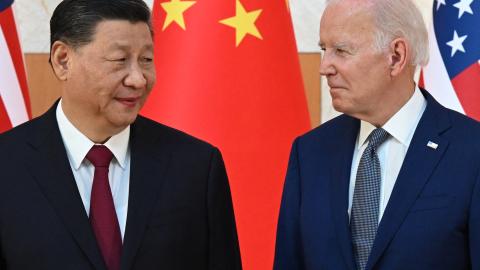 United States President Joe Biden and China's President Xi Jinping meet on the sidelines of the G20 Summit in Nusa Dua on the Indonesian island of Bali on November 14, 2022. (Saul Loeb/AFP via Getty Images)t