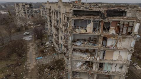 This aerial photograph taken on February 1, 2024, shows residential buildings destroyed by shelling in Izyum, Kharkiv region, amid the Russian invasion of Ukraine. (Photo by Roman PILIPEY / AFP) (Photo by ROMAN PILIPEY/AFP via Getty Images)