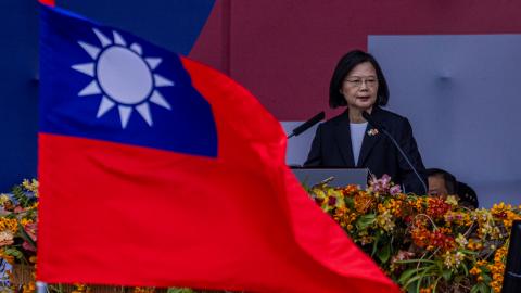 President Tsai Ing-wen delivers a speech during Taiwan National Day on October 10, 2023, in Taipei, Taiwan. (Photo by Annabelle Chih/Getty Images)