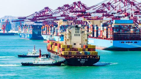 A cargo ship moves through the Qingdao Qianwan Container Terminal, on April 5, 2025 ,in Qingdao, China. (Getty Images)