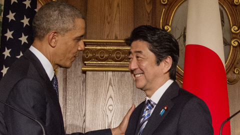 President Obama with Japanese Prime Minister Shinzo Abe following a bilateral press conference at the Akasaka Palace in Tokyo on April 24, 2014. (JIM WATSON/AFP/Getty Images)