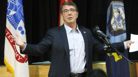U.S. Secretary of Defense Ash Carter speaks to troops during a question-and-answer session at Camp Arifjan on February 23, 2015 in Kuwait. (Jonathan Ernst-Pool/Getty Images)