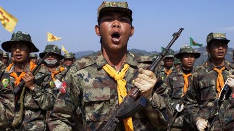 Shan State Army - South (SSA-S) soldiers training at their headquarters in Loi Tai Leng, in Myanmar's northeastern Shan State, February 4, 2015. (KC Ortiz/AFP/Getty Images)