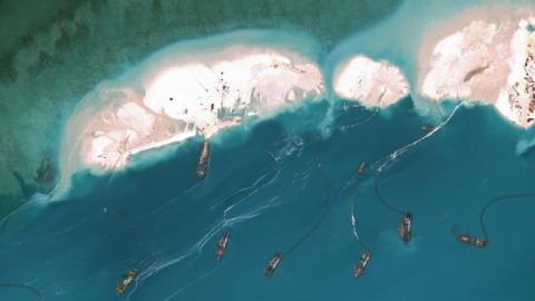 Significant construction and dredging underway at Mischief Reef, March 16, 2015. (Photo DigitalGlobe via Getty Images)