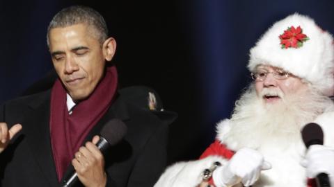 U.S. President Barack Obama dances with Santa Claus during the lighting of the National Christmas tree on December 4, 2014 in Washington, DC. The tree lighting ceremony marks a month-long series of holiday events in President's Park at The White House. (P