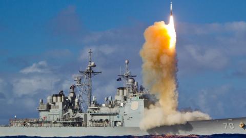 A Standard Missile 3 (SM-3) Block 1B interceptor is launched from the USS LAKE ERIE (CG 70) during a Missile Defense Agency and U.S. Navy test in the mid-Pacific, May 16, 2013. (U.S. Missile Defense Agency)
