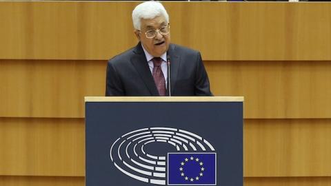 Palestinian President Mahmoud Abbas addresses the members of the European Parliament during his official visit in Brussels, Belgium on June 23, 2016. (Dursun Aydemir/Anadolu Agency/Getty Images)
