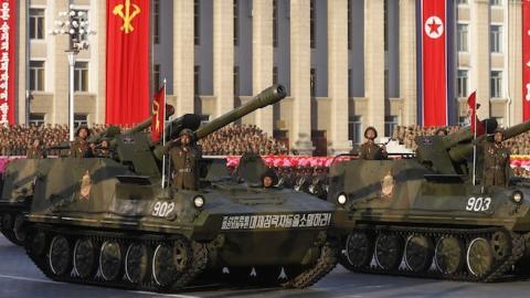 Tanks march during the parade at Kim Il-Sung square on October 10, 2015 in Pyongyang, North Korea. (Photo by Liu Xingzhe/VCG via Getty Images)