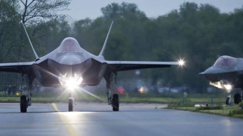 The first two American F-35A Lightning II fighter jets land in Leeuwarden, The Netherlands, on May 23, 2016. (Photo: EVERT-JAN DANIELS/AFP/Getty Images)
