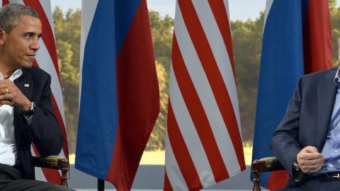 US President Barack Obama (L) and Russian President Vladimir Putin (R) hold a bilateral meeting on the sidelines of the G8 summit at the Lough Erne resort near Enniskillen in Northern Ireland, on June 17, 2013. (JEWEL SAMAD/AFP/Getty Images)