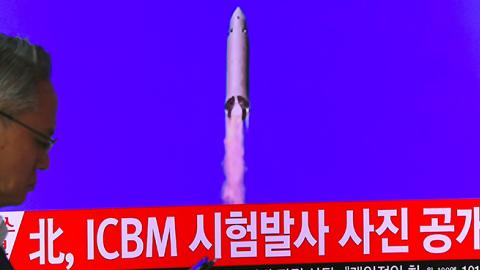 South Korean TV showing image from North Korea's ICBM launch, July 4, 2017 (JUNG YEON-JE/AFP/Getty Images)