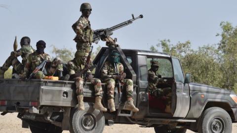 Nigerien soldiers patrol in Bosso, near the Nigerian border, where the army had been battling Boko Haram militants since February. (May 25, 2015 -  ISSOUF SANOGO/Getty Images)