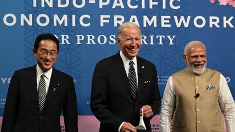 Japan's Prime Minister Fumio Kishida, U.S. President Joe Biden, and India's Prime Minister Narendra Modi attend the Indo-Pacific Economic Framework for Prosperity in Tokyo on May 23, 2022. (Photo by Saul Loeb/AFP via Getty Images)