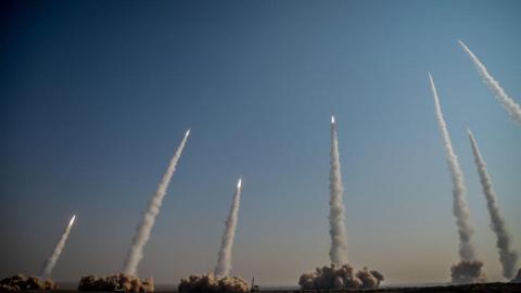 UNSPECIFIED, IRAN. - JANUARY 15: (----EDITORIAL USE ONLY MANDATORY CREDIT - "SEPAHNEWS/ HANDOUT" - NO MARKETING NO ADVERTISING CAMPAIGNS - DISTRIBUTED AS A SERVICE TO CLIENTS----) Members of the Islamic Revolutionary Guard Corps conduct a military drill with ballistic missiles and unmanned air vehicles at Great Salt Desert, in the middle of the Iranian Plateau, on January 15, 2021 in Iran. (Photo by Sepahnews/Handout/Anadolu Agency via Getty Images)