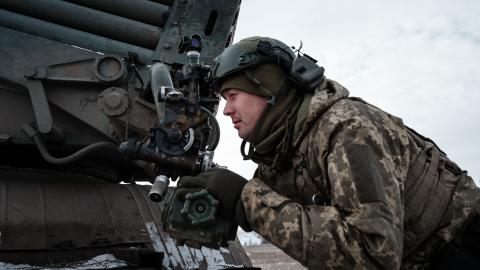 A Ukrainian artilleryman confirms targets near Bakhmut, Ukraine, on February 7, 2023. (Yasuyoshi Chiba/AFP via Getty Images)