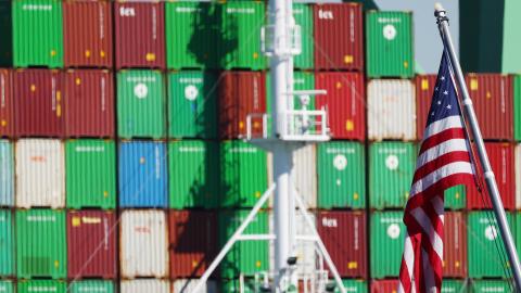 LOS ANGELES, CALIFORNIA - FEBRUARY 07: Shipping containers are stacked on a container ship at the Port of Los Angeles on February 7, 2023 in Los Angeles, California. The Commerce Department reported today that the U.S. posted its largest-ever trade deficit in 2022, $948.1 billion, as Americans imported large quantities of machinery, medicines and industrial items amid weakened global demand and high inflation. (Photo by Mario Tama/Getty Images)