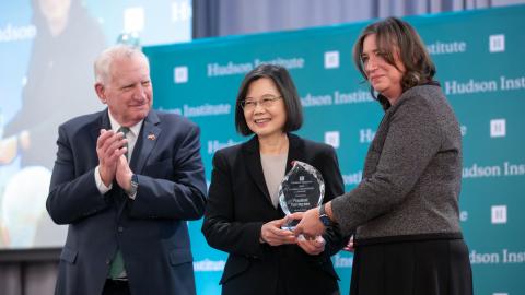 President Tsai Ing-wen receives Hudson's Global Leadership award from President and CEO John P. Walters and Sarah Stern, chair of the Hudson Board of Trustees, on March 30, 2023, in New York.