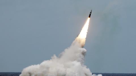 An unarmed Trident II D5 missile launches from the Ohio-class fleet ballistic-missile submarine USS Maryland (SSBN 738) off the coast of Florida on August 31, 2016. (US Navy Photo John Kowalski/Released)