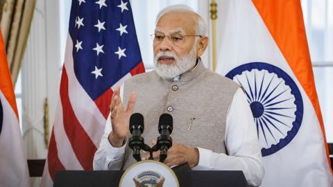 Indian Prime Minister Narendra Modi speaks during a luncheon hosted by US Vice President Kamala Harris and Secretary of State Antony Blinken at the US Department of State in Washington, DC, on June 23, 2023. (Photo by SAMUEL CORUM / AFP) (Photo by SAMUEL CORUM/AFP via Getty Images)