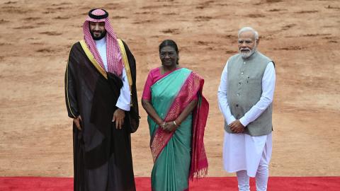 Indian President Droupadi Murmu along with India's Prime Minister Narendra Modi and his Saudi Arabian counterpart and Crown Prince Mohammed bin Salman in New Delhi on September 11, 2023. (Money Sharma/AFP via Getty Images)