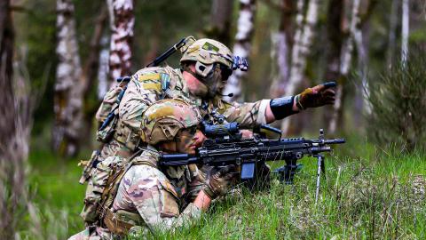 U.S. Soldiers assigned to 1st Squadron, 2nd Cavalry Regiment execute platoon-level maneuver live fire exercises in the Grafenwoehr Training Area April 24-26, 2023. 2CR provides V Corps with a lethal and agile force capable of rapid deployment throughout the European theater in order to assure allies, deter adversaries, and when ordered, defend the NATO alliance. (U.S. Army photo by Spc. Orion Magnuson)