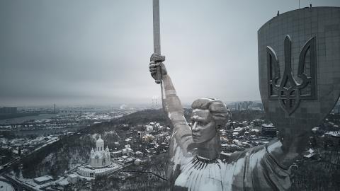 An aerial view shows Ukraine's Motherland Monument with its new Ukrainian coat of arms shield on November 22, 2023, in Kyiv, Ukraine. (Kostya Liberov/Libkos via Getty Images)