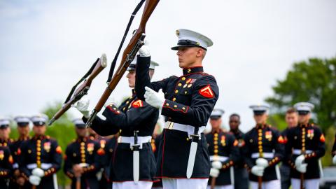Members of the U.S. Army Drill Team, 3d U.S. Infantry Regiment (The Old Guard), perform in front of hundreds of spectators, during a Joint Service Drill Exhibition, April. 14, 2023 at the National Mall in Washington D.C.