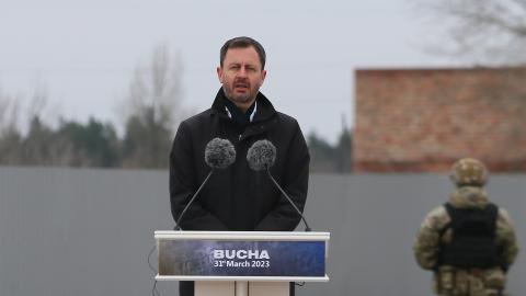 Prime Minister of Slovakia Eduard Heger speaks during an event with participant of Ukrainian President Volodymyr Zelensky and foreign leaders in Ukraine on March 31, 2023. (STR/NurPhoto via Getty Images)