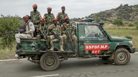 South Sudanese military police officers monitor the area during a South Sudanese Unified Forces deployment ceremony at the Luri Military Training Centre in Juba on November 15, 2023. (Peter Louis Gume/AFP via Getty Images)