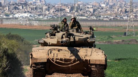 An Israeli army battle tank along the border between southern Israeli and the Gaza Strip on January 31, 2024. (Jack Guez/AFP via Getty Images)