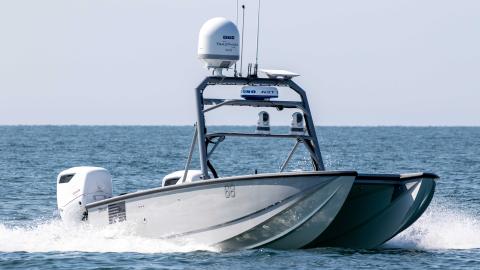 A MARTAC T-24 unmanned surface vehicle (USV) drives autonomously during a demonstration for NATO mine countermeasures personnel as part of exercise Baltic Operations 2023 (BALTOPS 23). (DVIDS)