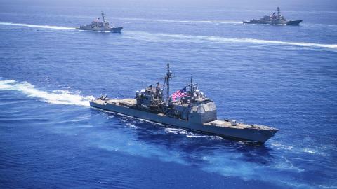 The Ticonderoga-class guided-missile cruiser USS Antietam (CG 54) and Arleigh Burke-class guided-missile destroyers USS Rafael Peralta (DDG 115) and USS Chung-Hoon (DDG 93) steam in formation during a multiple large deck event in the Pacific Ocean on June 8, 2023. (U.S. Navy photo by Mass Communication Specialist 2nd Class Carson Croom)