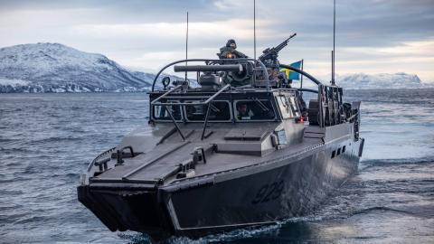 A Swedish CB90-class fast assault crafts approaches the well deck of the Whidbey Island-class dock landing ship USS Gunston Hall (LSD 44), during small boat operations in support of Steadfast Defender 24, March 6, 2024. (US Navy photo by Mass Communication Specialist 1st Class Danielle Serocki)