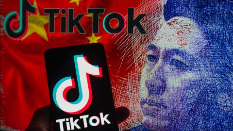 The TikTok logo with a sketch of TikTok CEO Shou Zi Chew. (Jonathan Raa/NurPhoto via Getty Images)