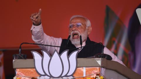 Prime Minister Narendra Modi addresses during a public meeting at Arambagh, West Bengal, India, on March 1, 2024. (Dipa Chakraborty via Getty Images)