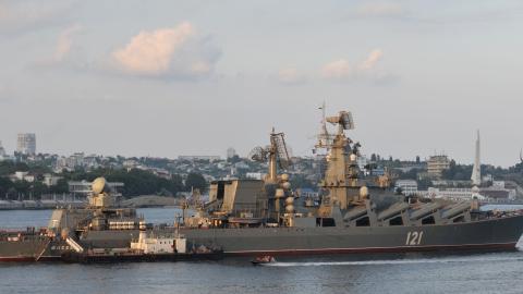 Moskva guided missile cruiser participating in a Russian military Navy Day parade near an important navy base in the Ukrainian town of Sevastopo on July 31, 2011. (Vasily Maximov/AFP via Getty Images)