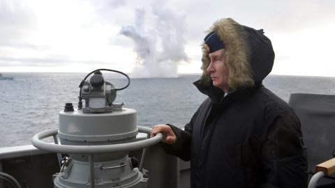 Russian President Vladimir Putin watches a naval exercise from the Marshal Ustinov missile cruiser in the Black Sea on January 9, 2020. (Anadolu Agency via Getty Images)