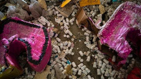 Pill bottles in a raided fentanyl lab in Tijuana, Mexico, on Friday, July 29, 2022. (Photo by Salwan Georges/The Washington Post via Getty Images)