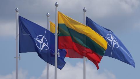 The NATO and Lithuanian flags fly on July 9, 2023, in Vilnius, Lithuania. (Photo by Sean Gallup/Getty Images)