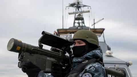 A Ukrainian serviceman holds a Stinger anti-aircraft weapon onboard a Maritime Guard of the State Border Service of Ukraine boat as it patrols in the northwestern Black Sea on December 18, 2023. (Anatolii Stepanov via Getty Images)