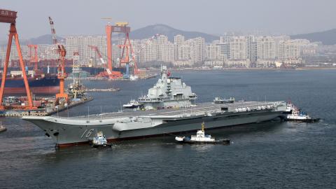 The Chinese aircraft carrier Liaoning prepares for sea trials at Dalian shipyard on February 29, 2024, in Dalian, China. (Photo by VCG/VCG via Getty Images)