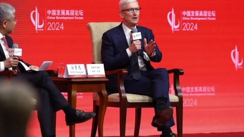 Tim Cook, chief executive officer of Apple, speaks during the China Development Forum 2024 at the Diaoyutai State Guesthouse on March 24, 2024, in Beijing, China. (Photo by Fu Tian/China News Service/VCG via Getty Images)