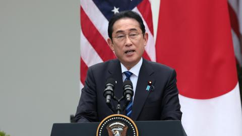 Japanese Prime Minister Fumio Kishida delivers remarks during a joint press conference with US President Joe Biden in the Rose Garden at the White House on April 10, 2024, in Washington, DC. (Photo by Win McNamee/Getty Images)