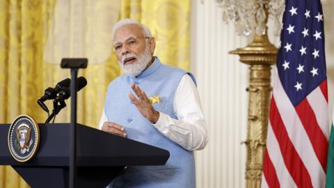 Indian Prime Minister Narendra Modi delivers remarks during a joint press conference with US President Joe Biden at the White House on June 22, 2023, in Washington, DC. (Photo by Anna Moneymaker/Getty Images)