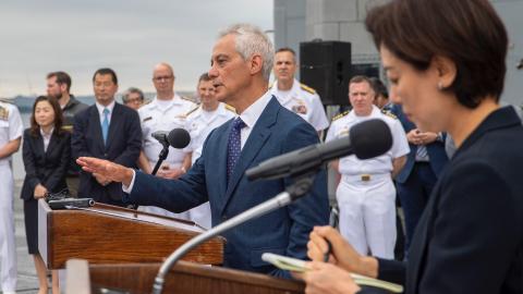 US Ambassador to Japan Rahm Emanuel addresses the media during a press conference on the flight deck of USS Ronald Reagan in Yokosuka, Japan, on May 16, 2024. (US Navy photo by Mass Communication Specialist 2nd Class Keyly Santizo)