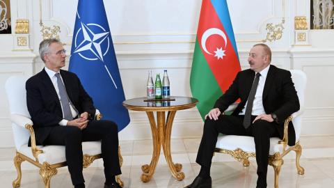 Azerbaijani President Ilham Aliyev receives Secretary General Jens Stoltenberg in Baku, Azerbaijan, on March 17, 2024. (Azerbaijani Presidency via Getty Images)