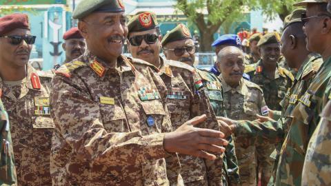 Sudan Armed Forces leader Abdel Fattah al-Burhan greets military personnel in Gedaref, Sudan, on April 10, 2024. (Photo by -/AFP via Getty Images)