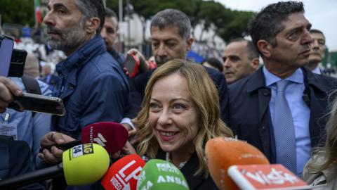 Giorgia Meloni speaks to the media on June 2, 2024, in Rome, Italy. (Photo by Antonio Masiello/Getty Images)