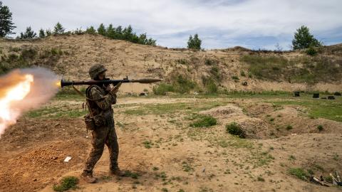A Ukrainian soldier of the 43rd Infantry Brigade fires a bazooka during a tactical training session in the direction of the Ukrainian border, Kharkiv Oblast in Ukraine, June 05, 2024. (Photo by Jose Colon/Anadolu via Getty Images)